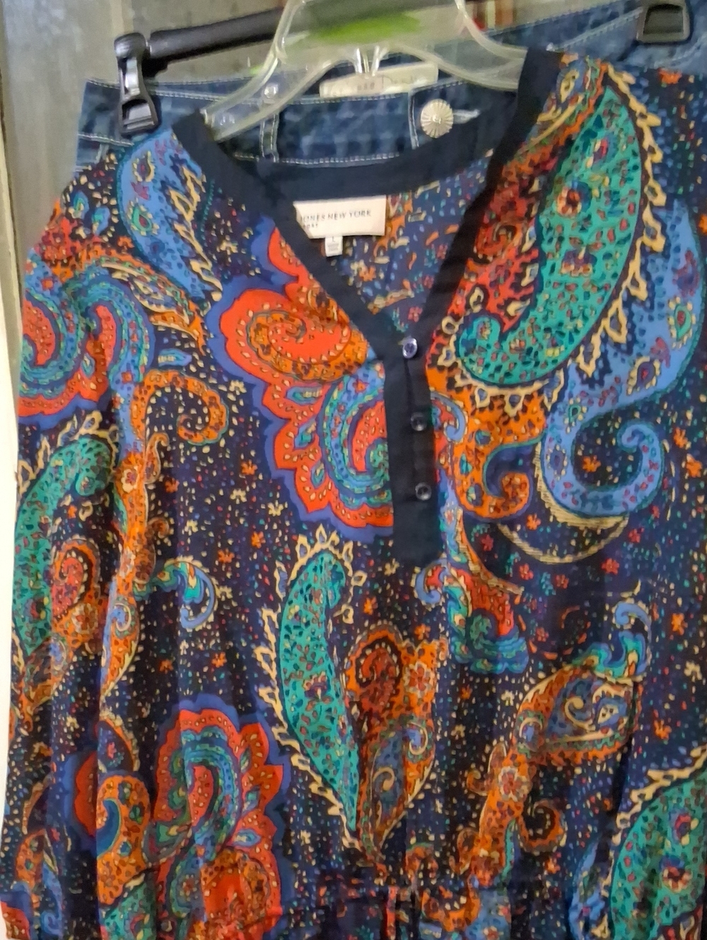 Jones New York Navy Paisley Tunic with Teal and Orange Accents